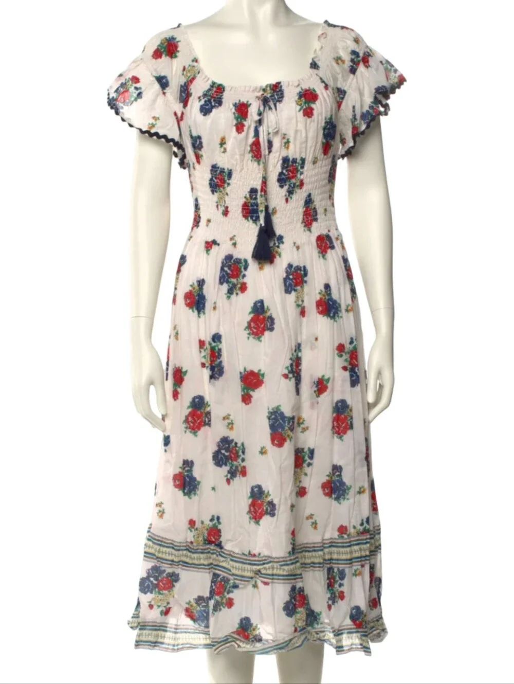Tory Burch Meadow Folly Cotton Voile Midi Dress with a red and blue floral print